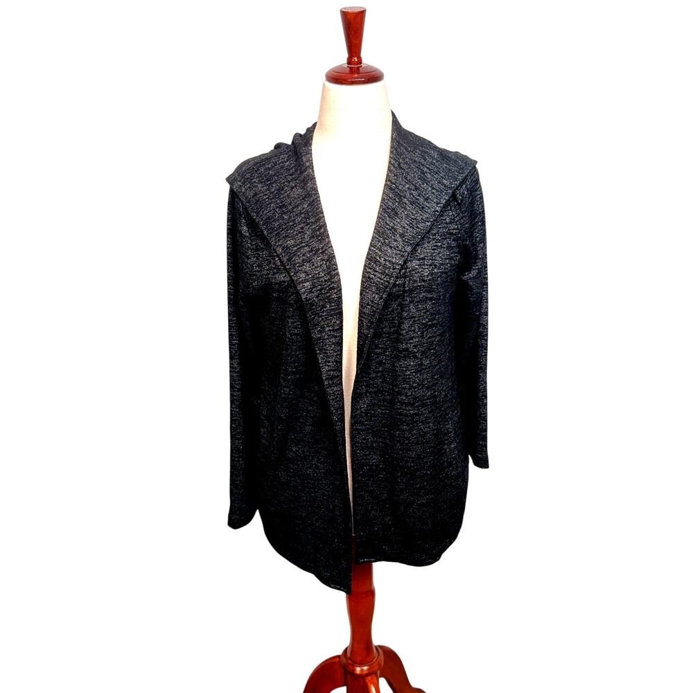 Chico's hooded open front jacket soft heathered gray relaxed pockets Sz 1 US M